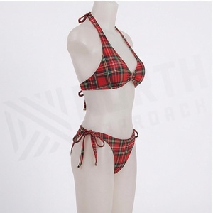 Ensemble bikini à carreaux pour femmes, col halter, liens latéraux, maillot de bain deux pièces, extensible, en polyester et élasthanne, à motifs - Product Image 4