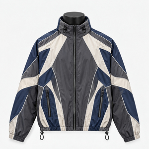 Men's Windproof Color Blocking <b>Racer</b> <b>Jacket</b> Stand Collar Zipper Closure Sporty Autumn Wear Regular Fit Polyester Shell - Product Image 5