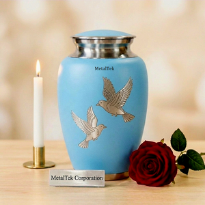 Premium Sky Blue Aluminum Cremation Urns Custom Hand Engraved Flying Doves Funeral <b>Jar</b> Durable Memorial Keepsake Human Ashes Urn - Product Image 1