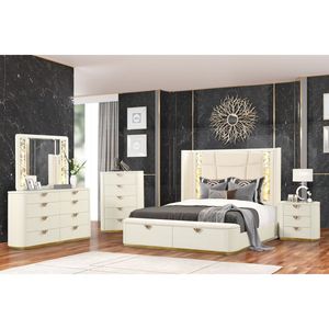 Mesa de Noche de Madera Estilo Moderno La Pierre con 3 Cajones Color Beige y Detalles Dorados - Product Image 5