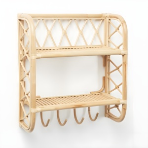 Wood Rattan Bookshelf Modern Bookcases Cheap Price Natural Eco Friendly Bookcase with <b>Hook</b> Racks - Product Image 1