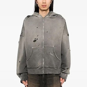 Sudadera con capucha de algodón 100% con cremallera, bordado vintage, efecto desgastado, 220 gramos, color liso, para otoño, venta al por mayor 2026 - Product Image 2