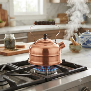 Bouilloire en cuivre traditionnelle de designer avec poignée florale en bois pour une cuisine haut de gamme, pour la décoration de la maison, des hôtels et des restaurants - Product Image 4