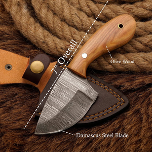 Couteau de chasse artisanal en acier Damas, personnalisé, avec manche en bois d'olivier et étui en cuir - Product Image 5