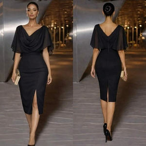 Robe moulante mi-longue élégante noire à manches cape drapées - Product Image 6