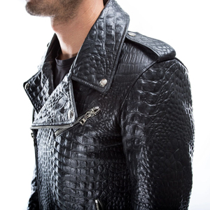 Blouson moto homme en cuir PU noir gaufré crocodile, coupe ajustée, col rabattable, fermeture éclair, manches classiques, style automne - Product Image 5
