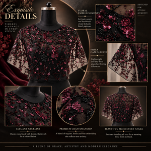 Chemisier élégant noir à sequins floraux, manches cape transparentes, col rond, brodé, haut de soirée |   Haut de gamme pour femmes, idéal pour les occasions formelles et les soirées - Product Image 5