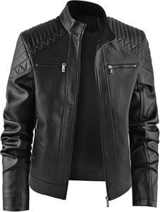 Chaqueta de Motociclista de Cuero y Lana para Hombre, Cuello Alto, Cierre de Cremallera, Resistente al Viento, Corte Holgado, Forro de Piel Sintética, Invierno, Color Sólido - Product Image 4