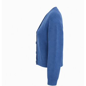 Women's Blue V-Neck Cardigan Full Sleeve Knitted Sweater Casual Autumn Wear Anti-Pilling 100% Acrylic <b>Single</b> Breasted - Product Image 1