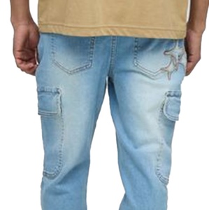 Pantalon cargo en jean délavé pour homme, coupe slim, taille mi-haute, broderie géométrique étoile, décontracté, pour le printemps - Product Image 5