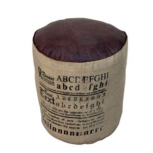 Pouf cylindrique vintage en toile de jute avec dessus en cuir marron, fait main, repose-pieds ottoman, style mid-century moderne, confortable, 45x50cm - Product Image 4