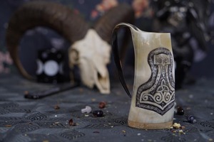 <b>Handmade</b> Buffalo Horn Beer <b>Mug</b> With Viking Thor's Hammer Design Vintage Drinking Cup For Adults Party Gift - Product Image 2