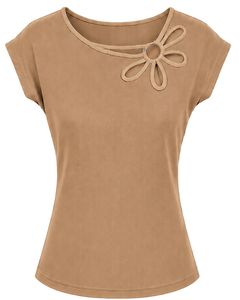 Manufacturer Beige Women Casual Summer Blouse Elegant Flower Neck Short Sleeve Fashion Loose Fit Daily Wear Stylish <b>Top</b> Shirt - Product Image 1