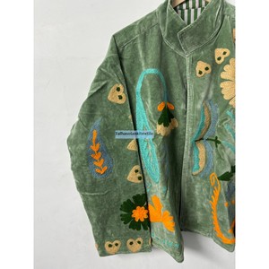 Handmade Floral Embroidered <b>Velvet</b> Blouson <b>Women</b> Mandarin Collar Full Sleeve <b>Coat</b> Handmade Embroidery Design For Winter Jacket - Product Image 6