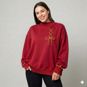 Women's Yellow Oversized Mock Neck Lace Up Bow Sweatshirt <b>Drop</b> Shoulder Long Sleeve Casual Fleece Pullover Loose Fit - Product Image 2