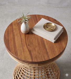 Natural Rattan Stool Wooden Top End <b>Table</b> Modern Living Room Bamboo Wicker <b>Side</b> <b>Tables</b> Patio Accent Ottoman Coffee Shop - Product Image 2