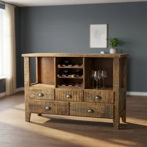 Consola de Madera Rústica para Botellas de Vino con Cajones de Almacenamiento, Estantes Abiertos y Soporte para Botellas, Mueble para Bar en Casa - Product Image 5