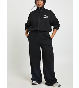 Ensemble de jogging 2 pièces pour femme, col cheminée, pantalon large, veste à fermeture éclair frontale, en molleton de coton noir, avec sublimation 3D personnalisée - Product Image 5