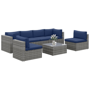 Juego de Muebles de Jardín de 7 Piezas para Todo Clima, en Mimbre Sintético Gris, con Cojines y Almohadas Azul Marino - Product Image 2