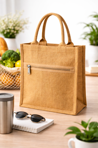 Eco Friendly Jute Tote <b>Bag</b> with Rope Handle Front Zipper Pocket <b>Reusable</b> Shopping Handbag and Steel Puller - Product Image 2