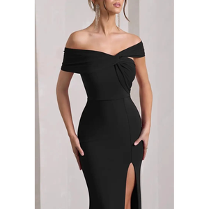 Vestido maxi con hombros descubiertos y nudo frontal, con abertura alta, para ocasiones formales y de noche. - Product Image 1