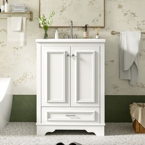 Mobile Bagno Moderno Freestanding da 24 Pollici con Lavabo in Ceramica, Mobiletto Contenitore con Chiusura Ammortizzata e Maniglie Argento - Product Image 1