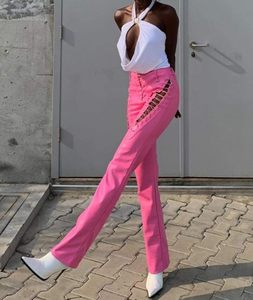 Pink High Waist Gothic Leather <b>Pants</b> Lace-Up Hollow Design <b>Y2K</b> Style Winter Straight Full Length Formal Spandex Polyester Fabric - Product Image 3