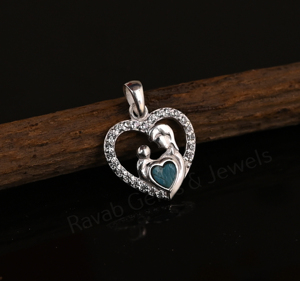 Arizona Turquoise 5mm Heart Shape Mother Baby Design Rhodium Sterling <b>Silver</b> Pendant Pave CZ Bezel Setting Unisex Gift Jewelry - Product Image 2