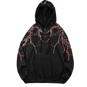 Sudadera con Capucha Negra para Hombre con Estampado de Rayos Púrpura, Corte Holgado Informal, Tejido de Poliéster, para Otoño - Product Image 2