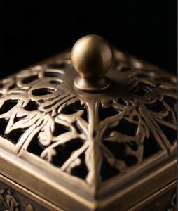 Handmade Metal <b>Incense</b> <b>Cone</b> Holder Square Box Burner Embossed Floral Panels Openwork Lid Stand - Product Image 4
