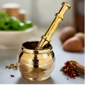 Intricately carved vintage black brass mortar pestle set with decorative floral pattern design, available at wholesale prices. - Product Image 4