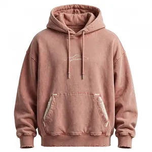 Oversized <b>Pink</b> Hooded <b>Sweatshirt</b> French Terry Cotton Fleece Casual Pullover Chain Embroidery Front Pocket Unisex Autumn Wear - Product Image 1