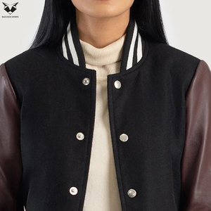 Excellent Fournisseur – Nouvelle Veste Universitaire Noire pour Femme avec Manches en Cuir PU Marron, Col Rabattu, Manches Longues – Idéale pour l'Automne - Product Image 6