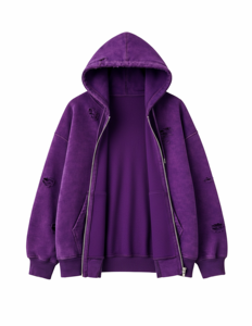 Sweat à capuche zippé pour homme, violet, effet vieilli, coupe oversize, style vintage, déchiré, en polaire, streetwear, avec poches - Product Image 3