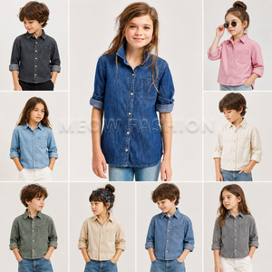 Chemises en jean délavé pour enfants Meow Fashion, style anglais, manches longues, couleur unie, col rabattu, poches, coupe classique, tissu 200g - Product Image 1