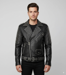 Men's Black PU Leather Biker Jacket With Rivet <b>Decoration</b> Turn-Down Collar Zipper Closure Slim Fit Moto Style Autumn Wear - Product Image 2