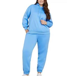 <b>Women</b> Plus Size Solid Blue Hooded Sweatshirt And <b>Joggers</b> <b>Set</b> Casual Full Length 100% Cotton Loose Fit Autumn Wear - Product Image 1
