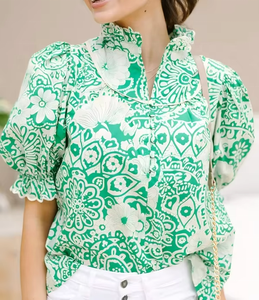 เสื้อผู้หญิงสไตล์เรโทรลายดอกไม้ฤดูร้อน คอปกทรงกลีบบัว แขนพอง ผ้าไม่ทอ สไตล์โบฮีเมียนลำลอง - Product Image 3