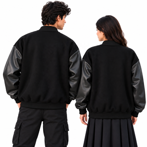 Blousons universitaires personnalisés en molleton de coton surdimensionnés avec manches en cuir PU, grande taille, épaules tombantes, style baseball décontracté streetwear - Product Image 2