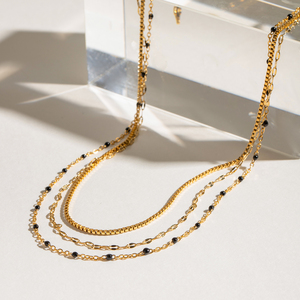 Womens Stainless Steel 3-Tier Mini Black Enamel Bead <b>Rope</b> <b>Chain</b> 14K Gold Plated 18inches Wedding Necklace - Product Image 2