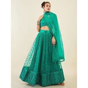 Lehenga choli กับ dupatta ตาข่ายเลื่อมสีเขียวนกเป็ดน้ำคู่บารมี - Product Image 6