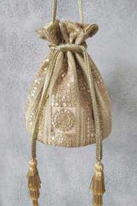 Handmade Embroidered Silk Potli <b>Bag</b> with Synthetic Brocade Pearl Beaded Sequins Tassels Round Shape Flower Theme Wedding Handbag - Product Image 6