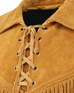 Mens Tan <b>Suede</b> Western Fringe Shirt Native Western Beaded Lace Up Cowboy <b>Jacket</b> with long sleeve Low MOQ Reasonable Price - Product Image 4