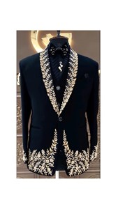 Men’s Black Embroidered Tuxedo <b>Blazer</b> – Designer Wedding Suit with Gold Floral Embroidery & Shawl Lapel - Product Image 2