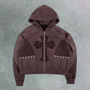 Sweat à capuche zippé surdimensionné pour homme, style rétro, avec rivets décoratifs, imprimé numérique, coupe courte, en molleton bouclette 450 g/m², délavé à l'acide, effet vieilli et patchwork - Product Image 2