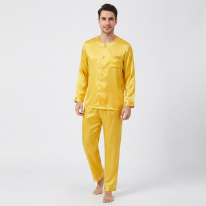 Men's Silk Satin 2-Piece Pajamas Set Custom Solid Yellow Breathable Eco-Friendly Long Sleeve Sleepwear with Chest Pocket - Product Image 3