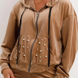Ensemble de survêtement en velours pour femmes grandes tailles, pantalon long à capuche, poches latérales, couleur unie, vêtements décontractés d'automne - Product Image 5