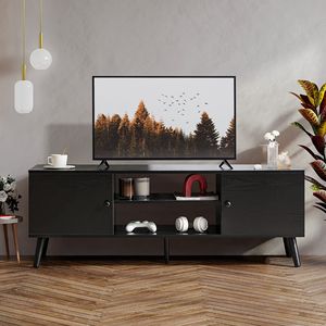 Soporte de TV de Madera Estilo Moderno de Mediados de Siglo para Televisores de 55-60 Pulgadas, 2 Gabinetes de Almacenamiento, Estante Ajustable, Gestión de Cables, Patas Resistentes - Product Image 1