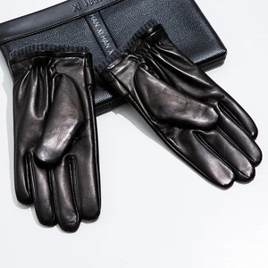 Gants de conduite pour homme en cuir véritable de haute qualité, doublure chaude, en peau de mouton noire, avec sangle de poignet réglable - Product Image 6