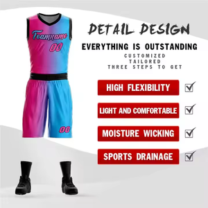 Ensemble de maillot de basket-ball personnalisé rose et bleu dégradé, impression par sublimation, polyester respirant, unisexe adulte, nom et numéro de l'équipe 00 - Product Image 3